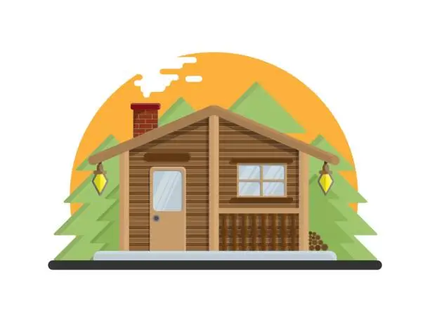 Vector illustration of Country house in the forest. Farm in the countryside. Cottage among trees. Cartoon vector illustration.