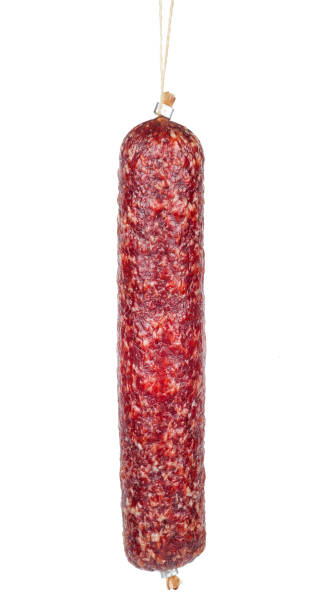 istock Smoked fatty sausage on white background 1298238324