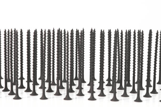 istock Self-tapping screws for wood surfaces, standing on hats, on a light background. Components for construction and repair. Metal fasteners. 1298238568