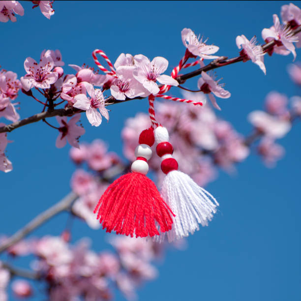 istock Blossoming tree branch and martenitsa against the blue sky. Martisor and spring bloom. March 1st - traditional trinkets. Baba Marta Day - Bulgarian holiday. Beginning of Spring Concept.Square 1298238592