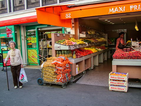 Paris, France - May 3, 2007: Street vegetable shop next to the Place de la Bastille