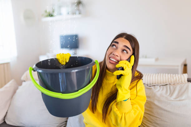 istock Shocked Woman Calling Plumber While Collecting Water Leaking From Ceiling Using Utensil 1298239343