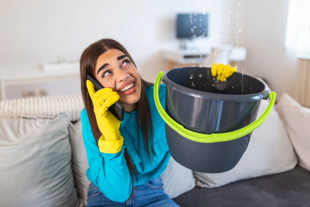 istock Shocked Woman Calling Plumber While Collecting Water Leaking From Ceiling Using Utensil 1298239354