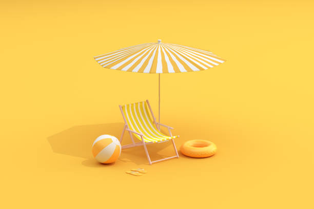 istock Beach chairs and umbrella, Summer concept, Minimal scene. 3D rendering. 1298239475