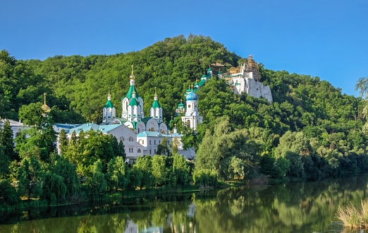 Svyatogorsk, Ukraine 07.16.2020.  Panoramic view of the Holy Mountains Lavra of the Holy Dormition in Svyatogorsk or Sviatohirsk, Ukraine, on a sunny summer morning