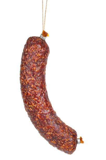 istock Smoked fatty sausage on white background 1298239890