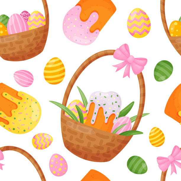 ilustrações de stock, clip art, desenhos animados e ícones de seamless pattern with easter basket, colored eggs, and easter cake. vector illustration. endless background. great for easter decor. - easter traditional culture backgrounds basket