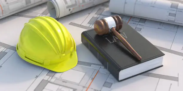 Labor law construction law and arbitration concept. Judge gavel hardhat and black book on project blueprint background. 3d illustration