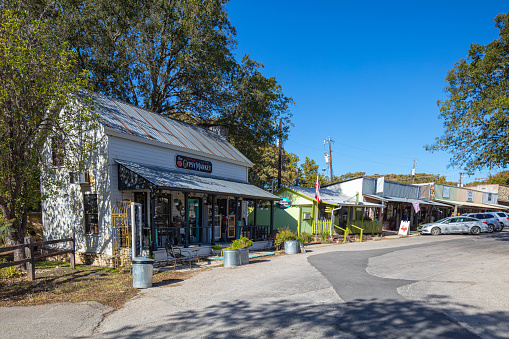 Wimberley, Texas, USA - November 3, 2020: The small shops at Wimberley Square