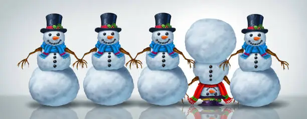 Stand out from the crowd concept and being different as an idea for individuality and expression of creative freedom as a group of snowmen with an upside down snowman as a 3D illustration.