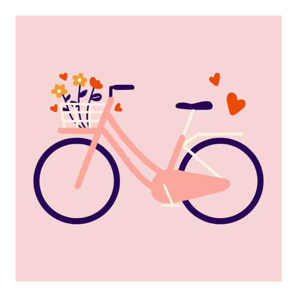 hand gezeichnet süße valentinstag grußkarte mit fahrrädern mit voller blumen strauß in vorn korb flache vektor-illustration. postkarten, kunstdruck, flyer, einladung, poster, broschüre, banner. - fahrradkorb stock-grafiken, -clipart, -cartoons und -symbole