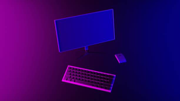 computer, bildschirm, maus, tastatur auf einem abstrakten lichteffekt lila und blau tapete 3d-rendern. horizontale illustration hintergrund. - flitter mouse stock-fotos und bilder