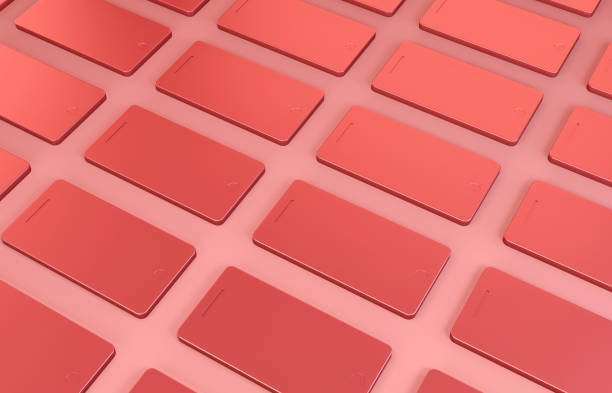 istock 3D Render Metallic Red Mobile phones lined up side by side on Red background. 1298247326
