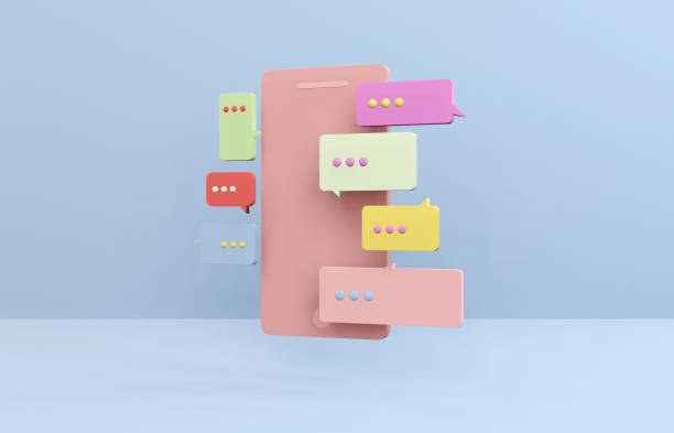 istock 3D mobile phone and speech bubbles. Concept phone and colorful speech bubbles on blue background. 1298247481