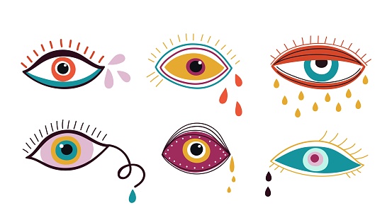Crying eyes. Abstract eye, drops colorful falling down. Contemporary trendy doodle elements, sad emotions vector set. Eye tear, cry weeping, sorrowful illustration