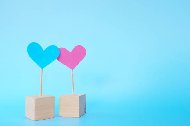 istock Pink and blue heart shape icon cutout together with copy space. Valentine's Day celebration, marriage, couple and love concept. 1298248714