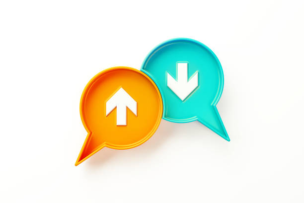 Orange and teal colored speech bubble pair with up and down arrow symbols sitting over white background. Horizontal composition clipping path and copy space. Dilemma concept.