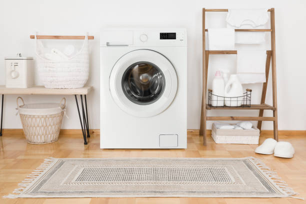 istock Domestic room with washing machine, baskets and laundry essential things 1298250912