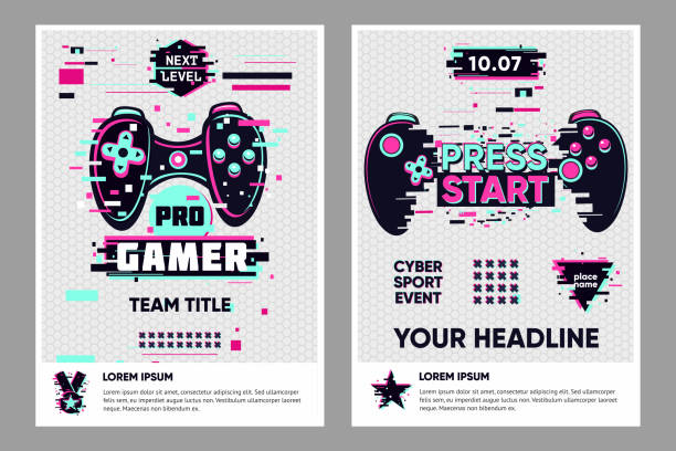 ilustrações de stock, clip art, desenhos animados e ícones de video game posters set. gamer competition banners template. glitch style graphic with console gamepad. vector flyer template for cyber battle. - medal star shape war award