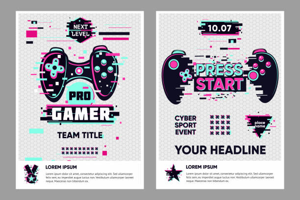 Video game posters set. Gamer competition banners template. Glitch style graphic with console gamepad. Vector flyer template for cyber battle. vector art illustration