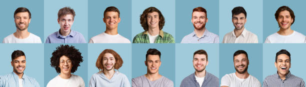 istock Set of handsome smiling and laughing multiracial men 1298252484
