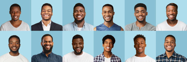istock Collage of happy black men smiling on blue backgrounds 1298252519