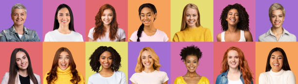 istock Attractive diverse ladies smiling on colorful backgrounds 1298252527