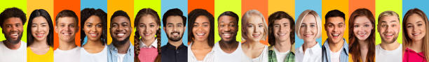 istock Row Of Multiracial People Faces Posing Smiling Over Colored Backgrounds 1298252532