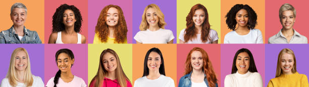 istock Beautiful diverse women smiling on colorful backgrounds, set 1298252558