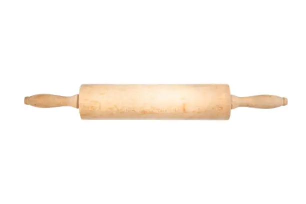 Wooden Dough Roller Isolated on White Background.Rolling Pin for Baking . Vintage Model Still in Use.