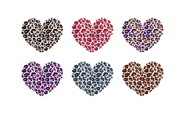 леопард печати текстурированные сердца набор. абстрактный элемент дизайна с текстурой кожи дикого животного гепарда. иллюстрация вектора  - blob heart shape romance love stock illustrations