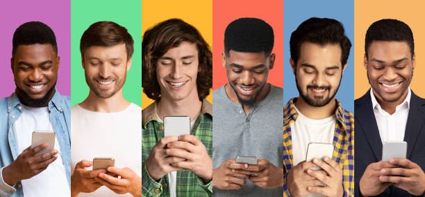 istock Row Of Diverse Men Using Smartphones In Collage, Colorful Backgrounds 1298254527