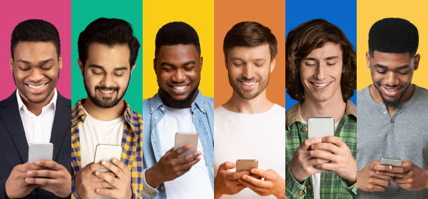 istock Multicultural Men Texting On Smartphones Over Colorful Backgrounds, Collage 1298254554