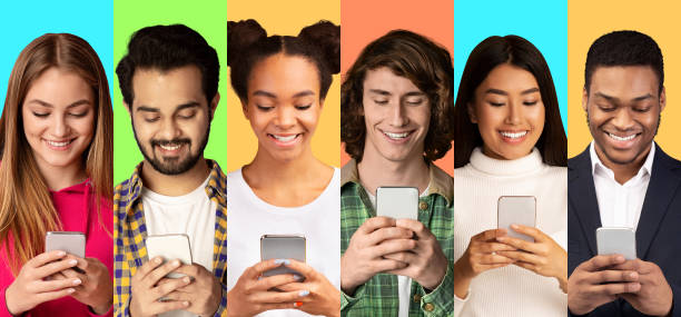 istock Multiethnic Young People Using Mobile Phones Over Colorful Backgrounds, Collage 1298254628