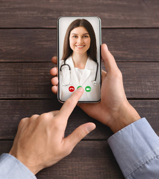 Unrecognizable Man Video Conferencing With Smiling Female Doctor On Smartphone, Collage