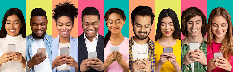 Multicultural Millennial Women And Men Using Cellphones Texting Posing Over Different Colorful Studio Backgrounds. Collage Of Portraits With Phone Users Browsing Internet. Panorama