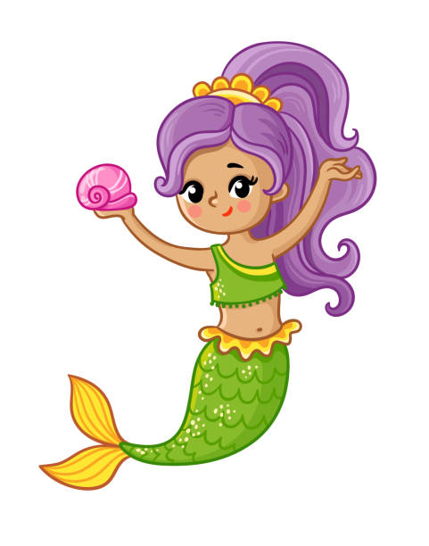 ilustrações de stock, clip art, desenhos animados e ícones de cute mermaid smiles and holds a seashell in her hands. - vector sand summer smiling
