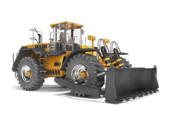istock Universal orange wheel bulldozer 3D rendering on white background with shadow 1298257488