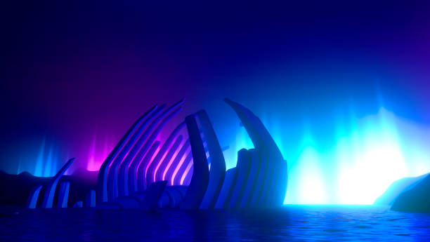 istock Creative neon glowing background with pink blue vibrant violet neon lights, concept environmental pollution.The skeleton large fish lying in the sea and silhouette of man on a boat.3D illustration 1298257501