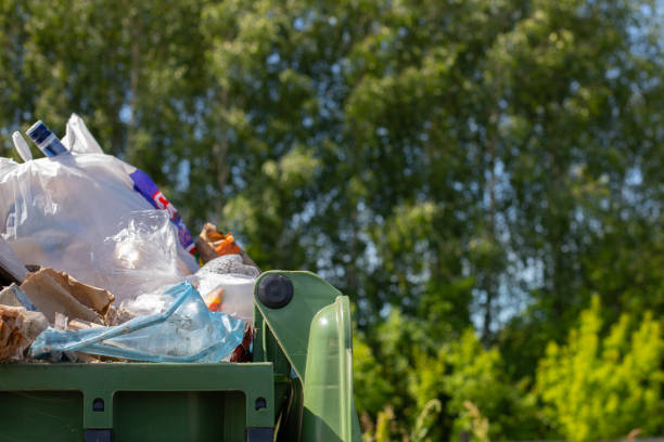 an overflowing trash can on a forest background. human concept harming the ecology of the planet, need for sorting and recycling waste - harming imagens e fotografias de stock