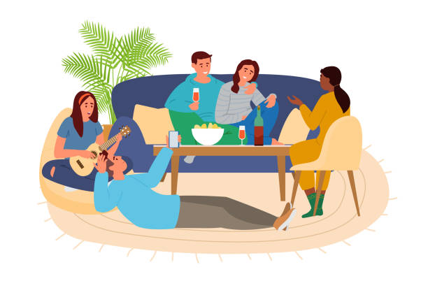 ilustrações de stock, clip art, desenhos animados e ícones de group of friends hanging out at home - friends party