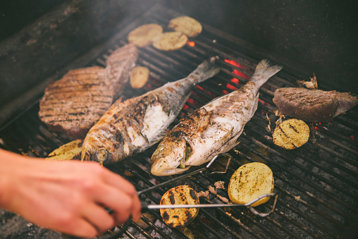 cooking fish and potatoes on grill outdoors