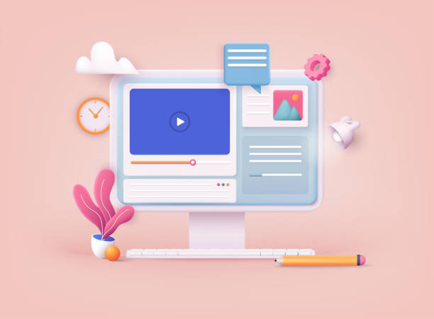 stockillustraties, clipart, cartoons en iconen met 3d-webvectorillustraties. online video. afstandstraining, streaming, webinar, conferentievideo's. - driedimensionaal illustraties