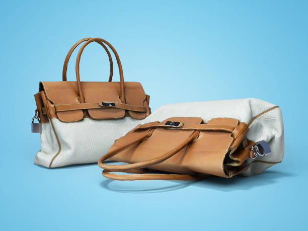 istock Female old bag with leather handles 3d rendering on blue background with shadow 1298258456