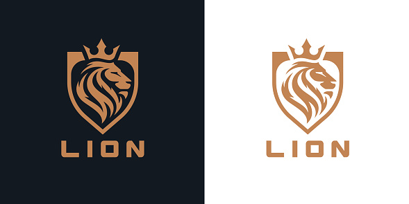 Lion head shield icon. Royal gold crown badge symbol. Premium king animal sign. Vector illustration.