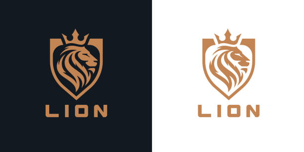 Gold lion shield icon Lion head shield icon. Royal gold crown badge symbol. Premium king animal sign. Vector illustration. lion feline stock illustrations