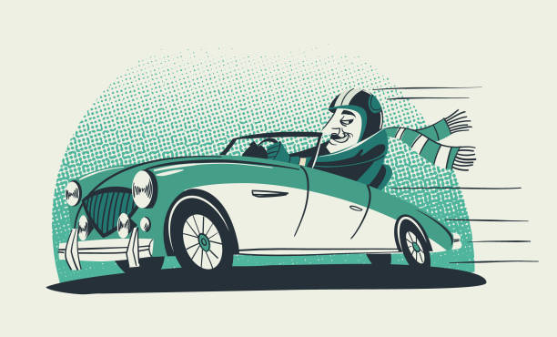 Cartoon Pilot on a vintage rally car racing - Retro vector illustration vector retro illustration - cartoon pilot driving a vintage rally car racing cartoon of a rally car stock illustrations
