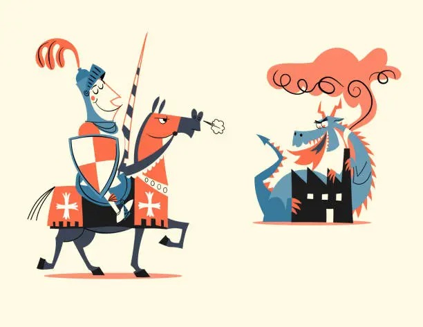 Vector illustration of retro style cartoon vector illustration - medieval knight fighting a dragon near an industry