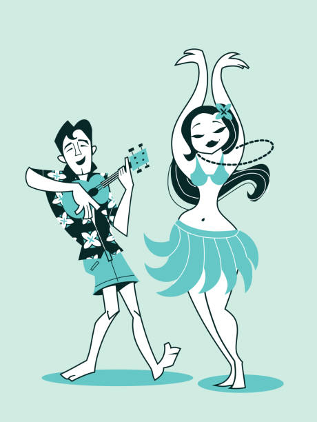 vector retro illustration - Hawaiian girl dancing with man playing ukulele vector art illustration