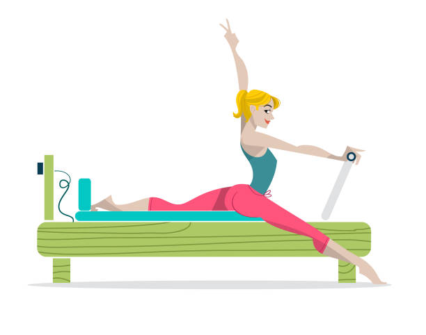 pilates frau auf einem reformer - vektor flache farben illustration - white background yoga exercising women stock-grafiken, -clipart, -cartoons und -symbole